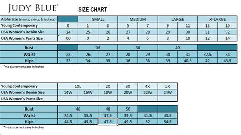 judy blue jeans size chart